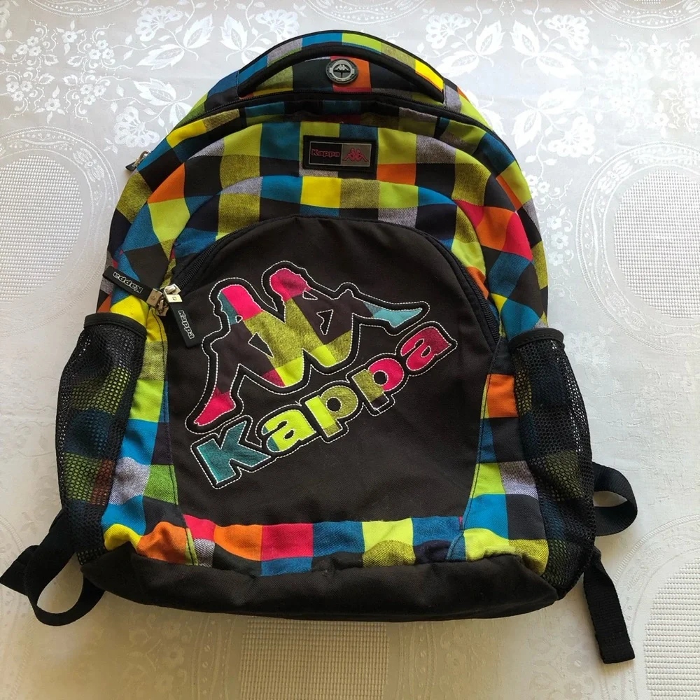 Kappa Large Logo Checkerboard Backpack Multicolored Adjustable Straps Mesh Back